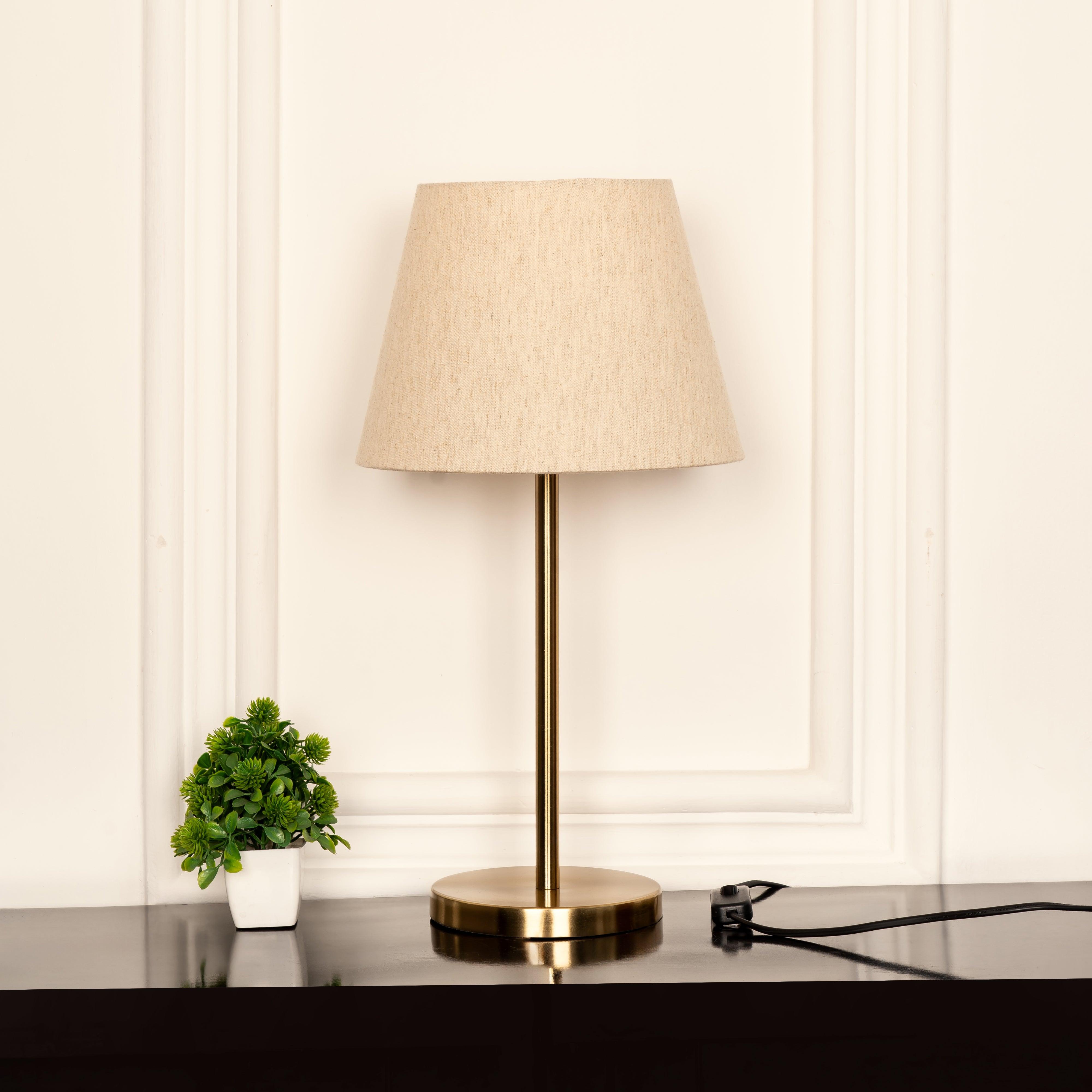 Antique Brass Finish Table Lamp for Living Room | Off White Tapered Lampshade | Study Table Lamp