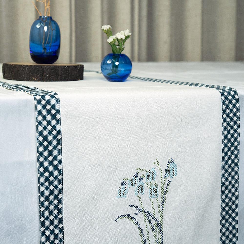 Handmade Tulip Tapestry Dining Table Runner | Embroidered Cotton Cross-Stitch Runner with Printed Border