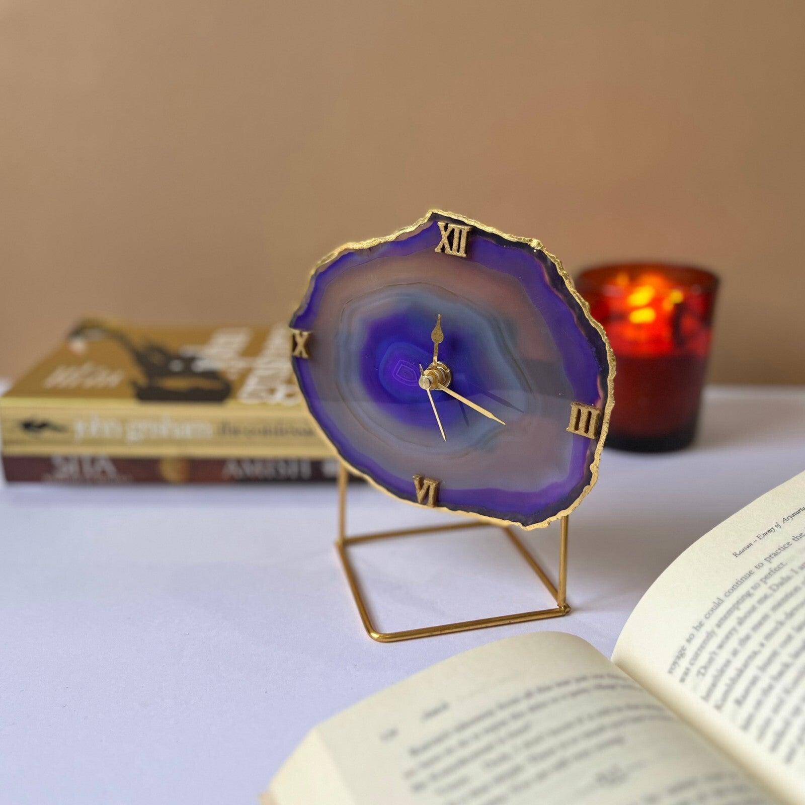 Brazilian Agate Desktop Clock with Metal Stand | Antique Timepiece