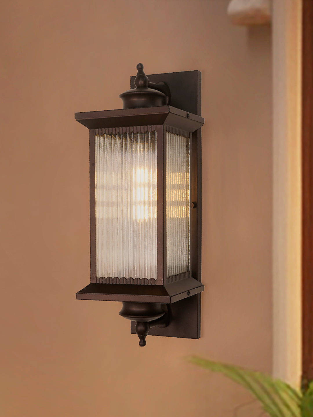 23-Inch Transitional Outdoor Wall Lantern | Dark Brown Finish with Fluted Glass
