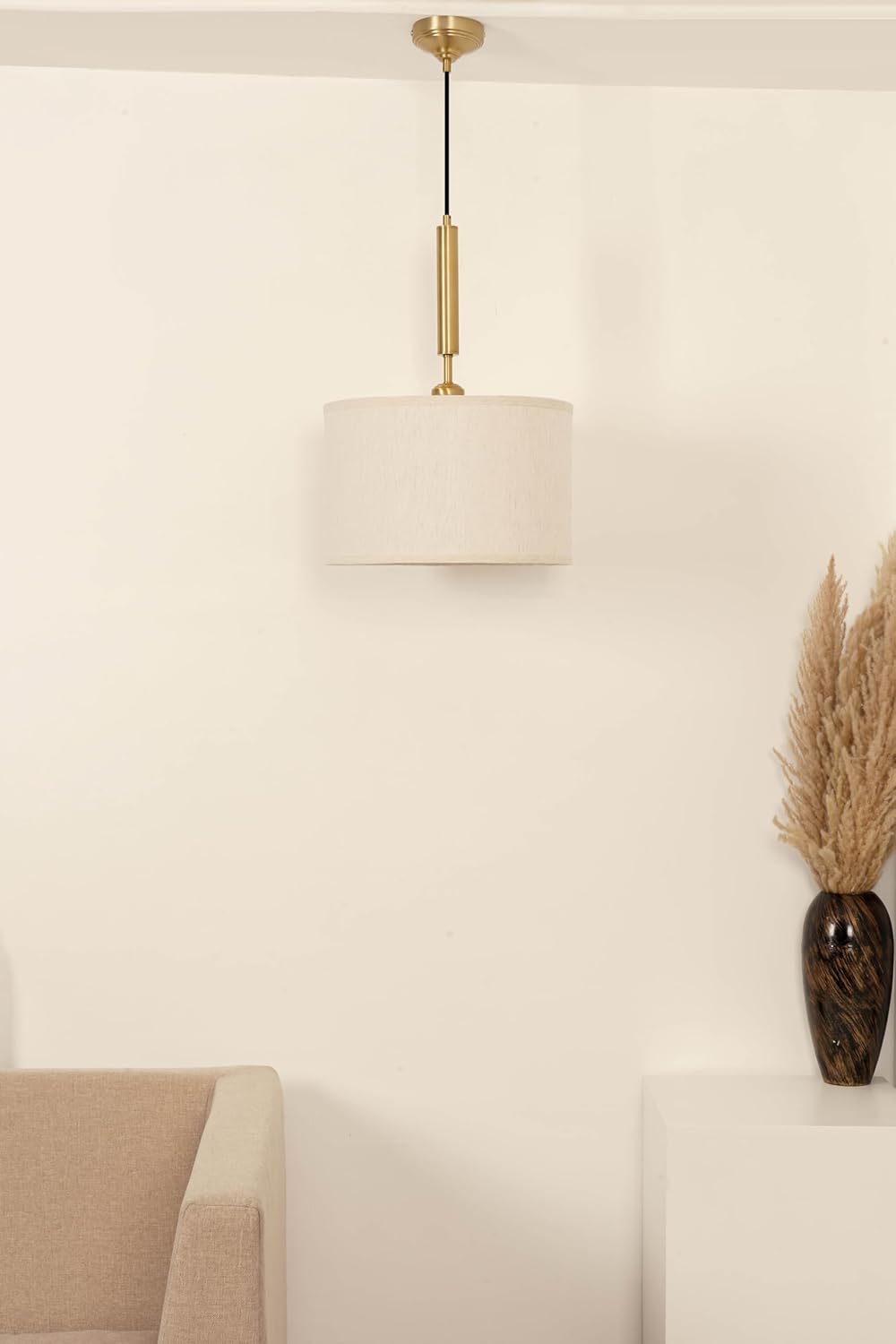 Brass Antique Cotton Fabric Lamp Shade 14" Diameter Hanging Lamps for Living Room, Bedroom, Restaurant, Cafe