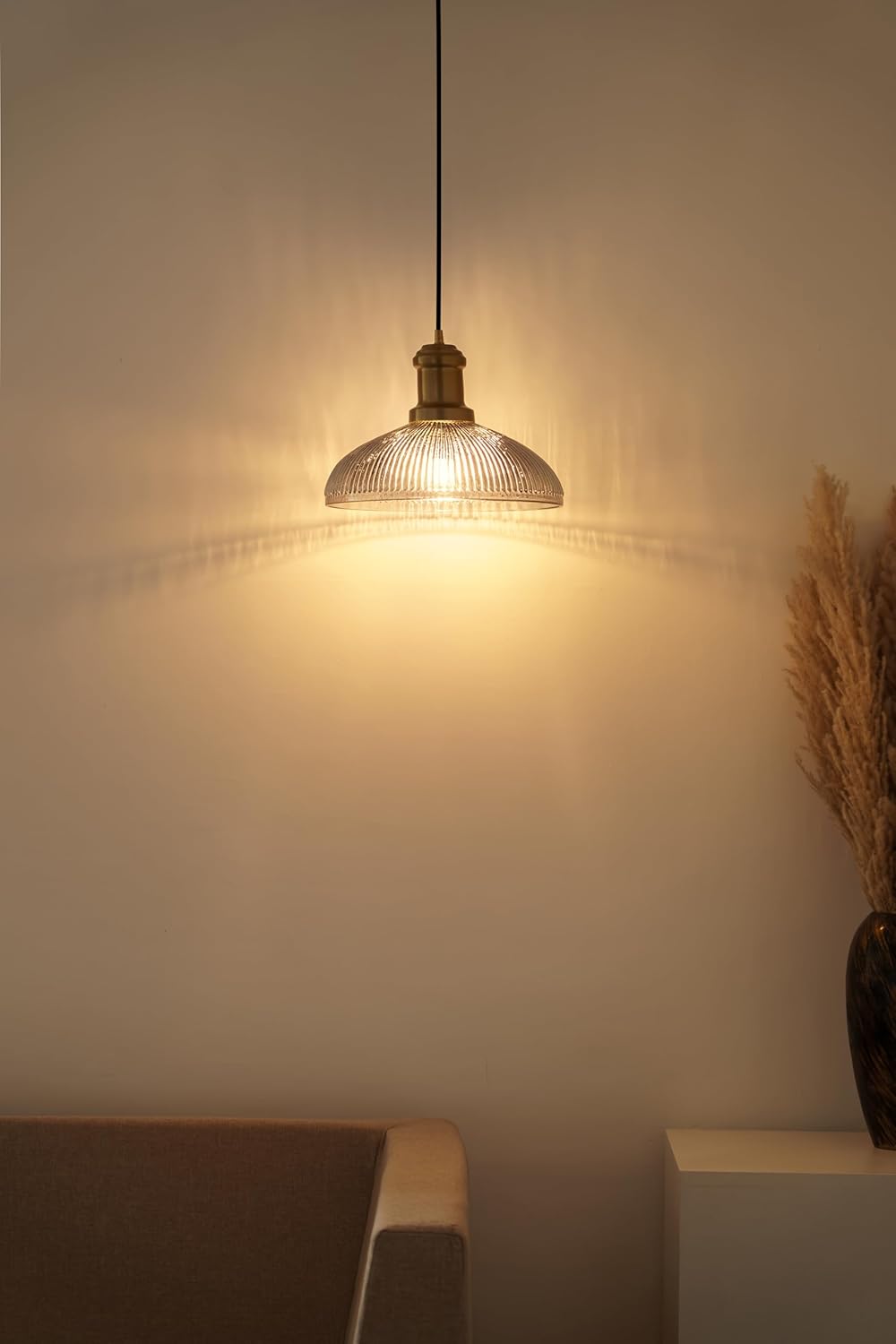 Ribbed Grey Luster Glass Pendant Light with Antique Brass Finish for Living Room, Bedroom, Kitchen and Dining