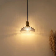 Ribbed Grey Luster Glass Pendant Light with Antique Brass Finish