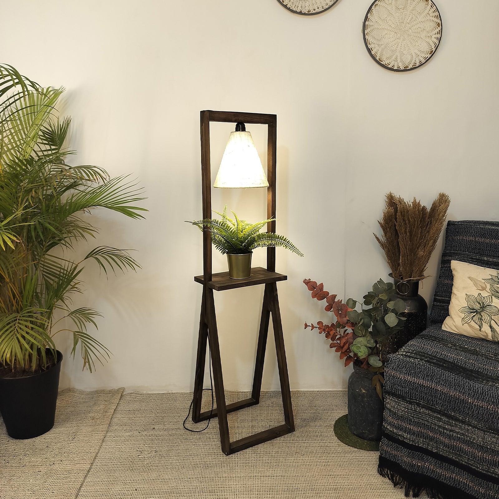 Euphoria Wooden Floor Lamp with Brown Base and Beige Fabric Lampshade