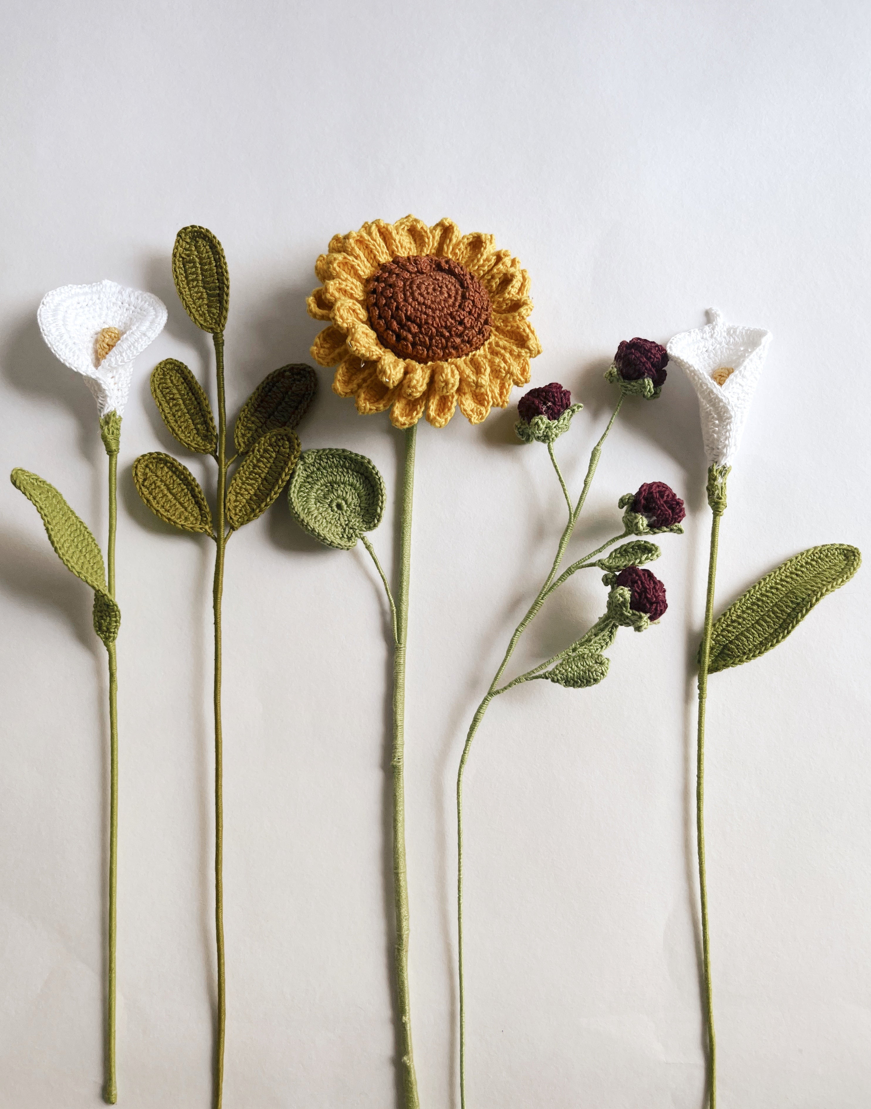 Crochet Sunflower Lily Bouquet - Multicolor / 12" height / 5 Stems