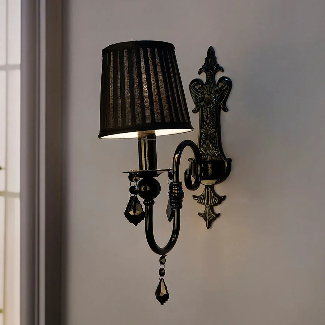 Black Crystal Wall Sconce with Pleated Black Shades