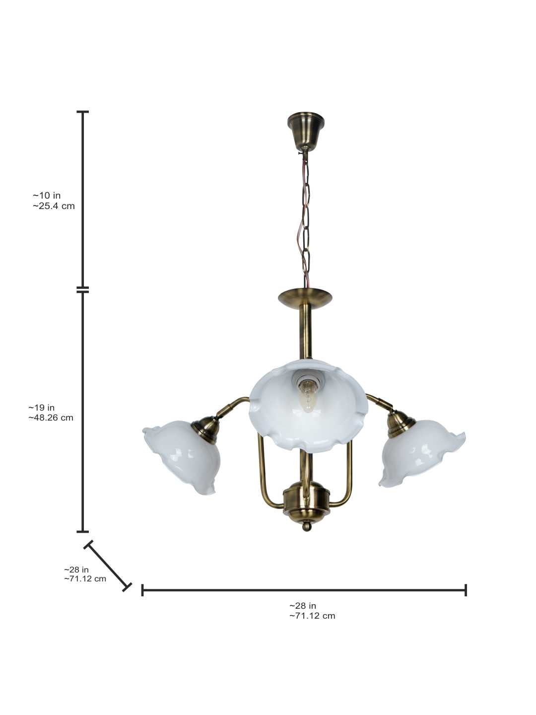 28-Inch Antique Brass 3-Light Adjustable Chandelier | Vintage Gooseneck Design with White Frilled Glass Shades