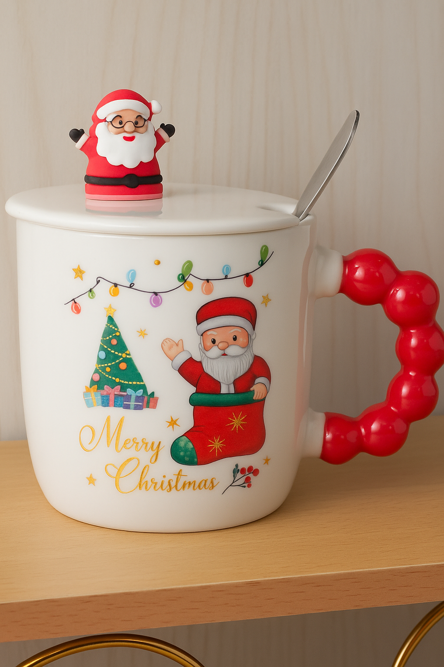 Christmas Ceramic Mug with Lid & Spoon | 350 ML Santa Mug with Red Handle | Merry Christmas Gift Cup for Coffee