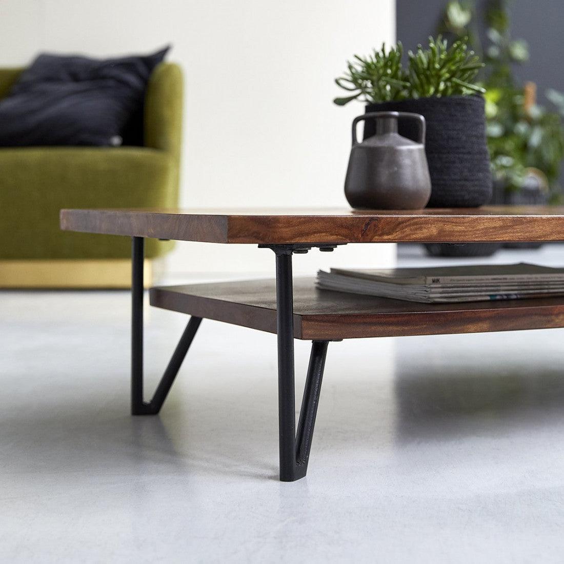Sheesham Wood Coffee Table for Living Room | Modern Wooden Center Table with Metal Legs