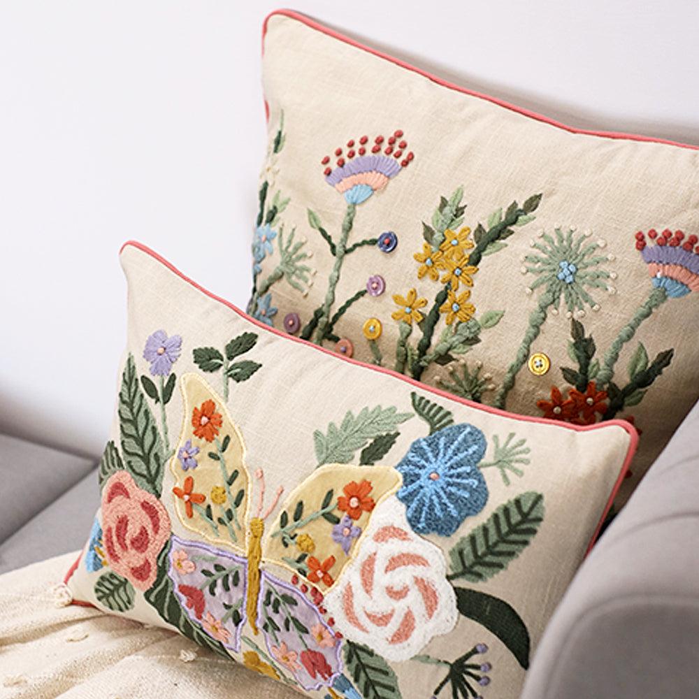 Hand Embroidered Cotton Cushion Cover | Floral Appliqué Pillow Cover | Decorative Sofa Cushion Cover