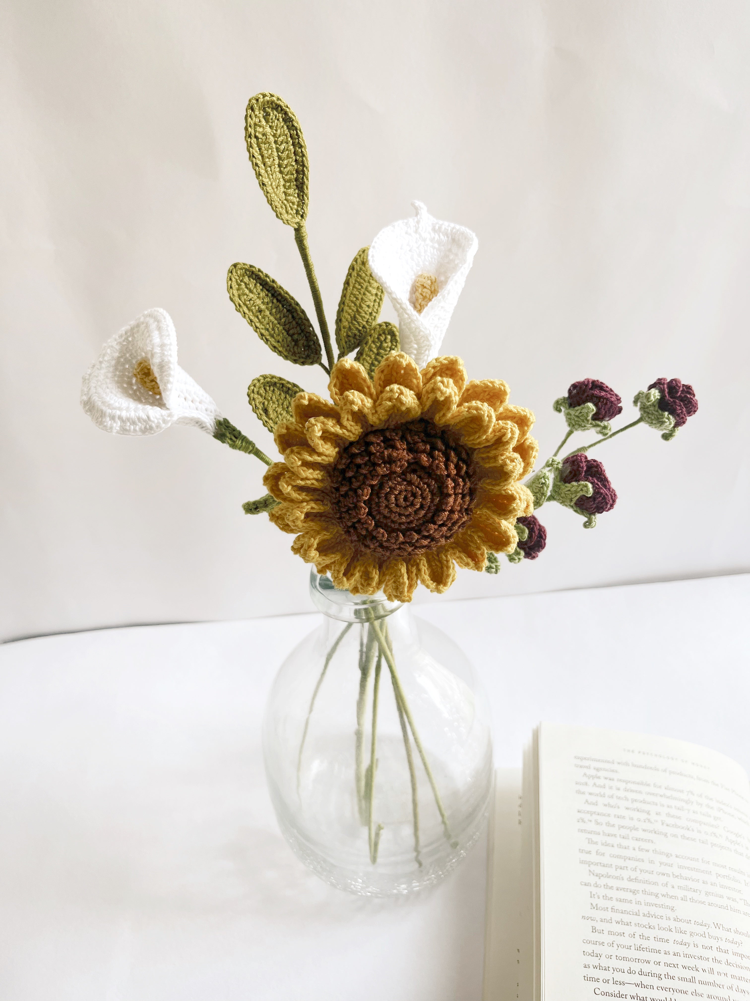 Crochet Sunflower Lily Bouquet - Multicolor / 12" height / 5 Stems