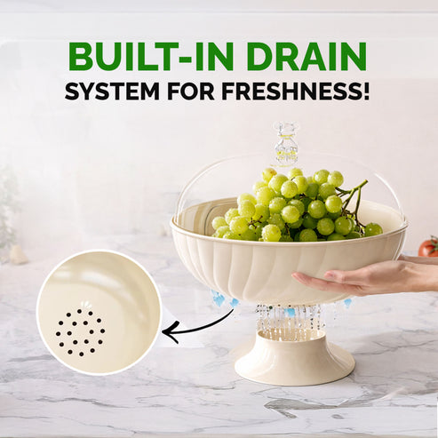 Fruit Storage Bowl with Lid & Drain Tray- 10 Inch | Multi-Functional Fruit Basket with Built-in Drainer | Dustproof Cover | Serving Tray for Fruits, Vegetables & Snacks | Kitchen & Dining Use
