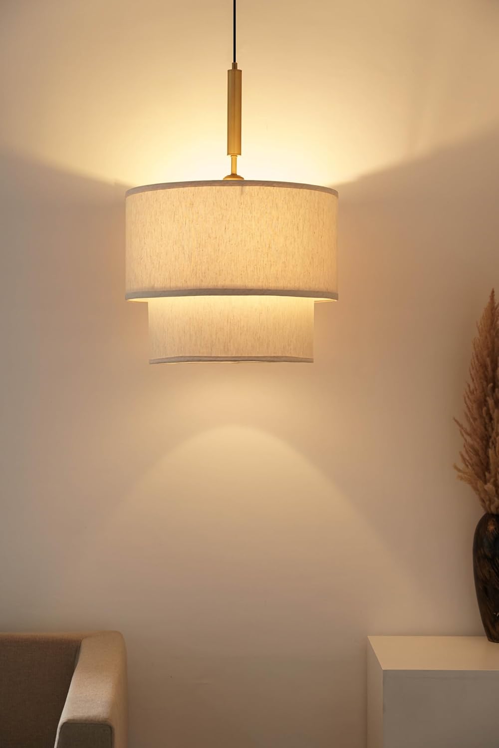 Double Beige Cotton Fabric Pendant Hanging Light Antique Brass Finish for Home Decoration, Restaurants, Cafes