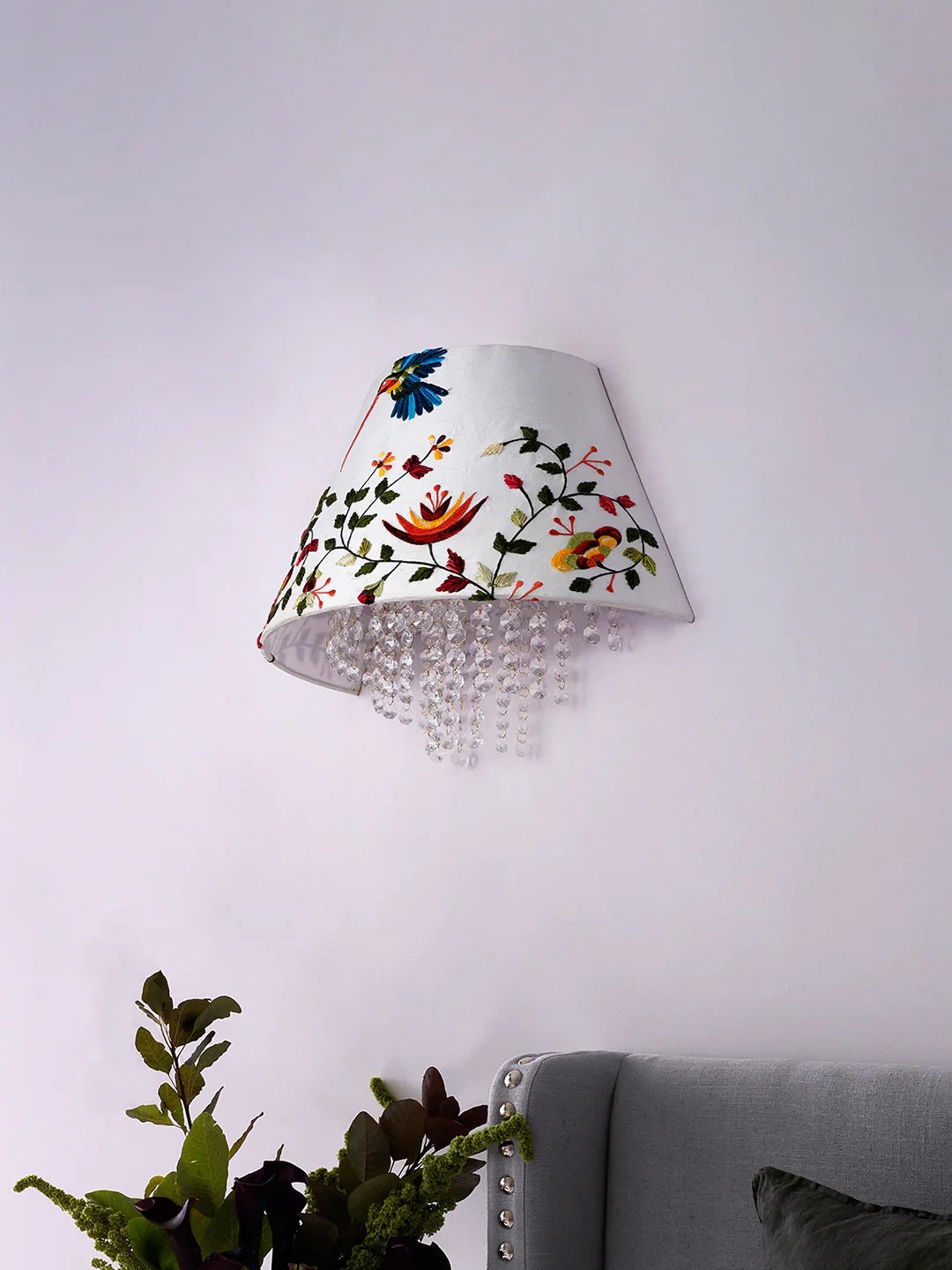 Contemporary Embroidered Hummingbird Wall Lamp with Crystal Accents