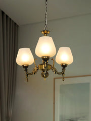 Antique Brass 16 Inch Wide Steel 3-Light Mini Ceiling Chandelier Hanging Light With Plain Frosted Goblet Glass Shades