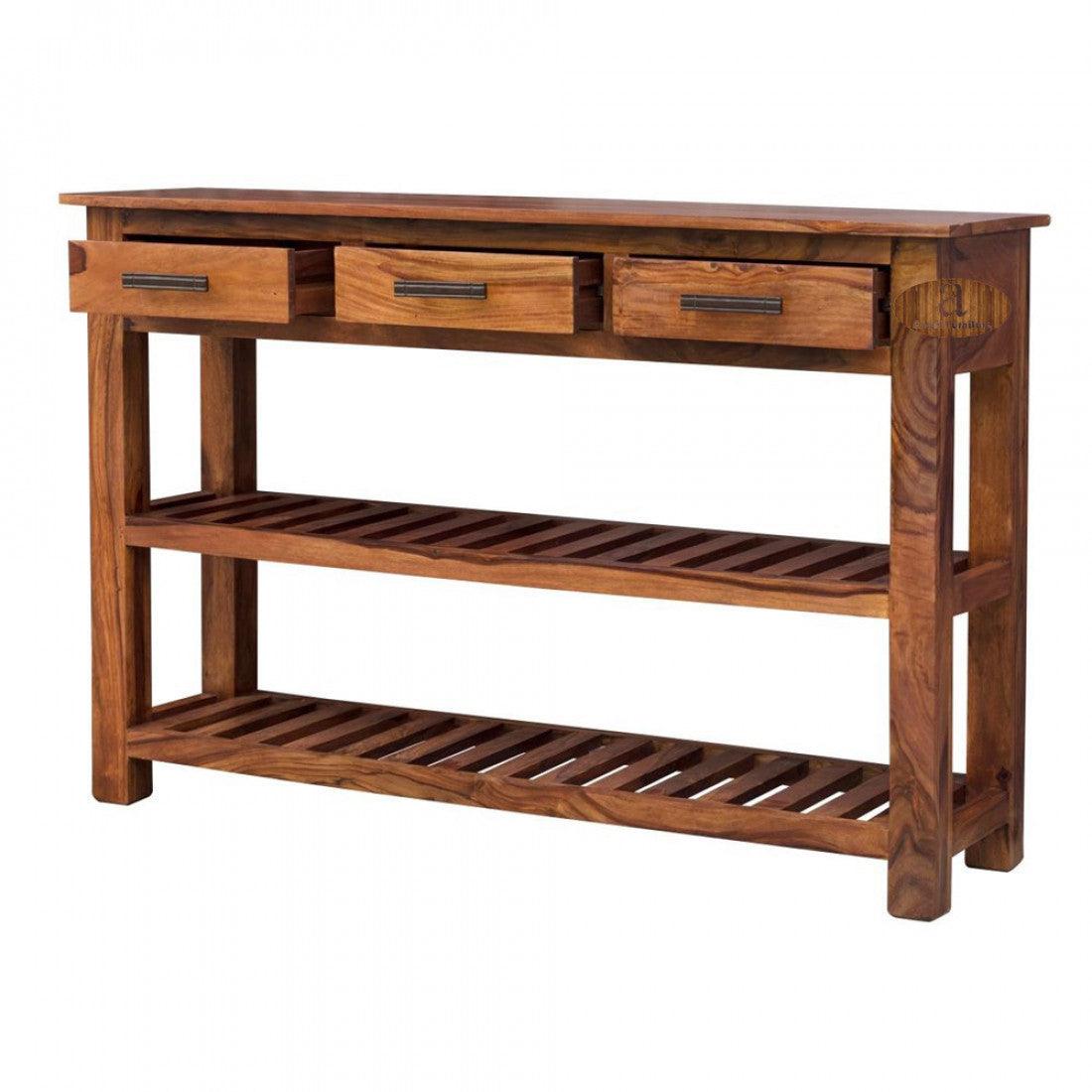 Stripped 3 Drawer Sheesham Wood Console Table In Honey Finish