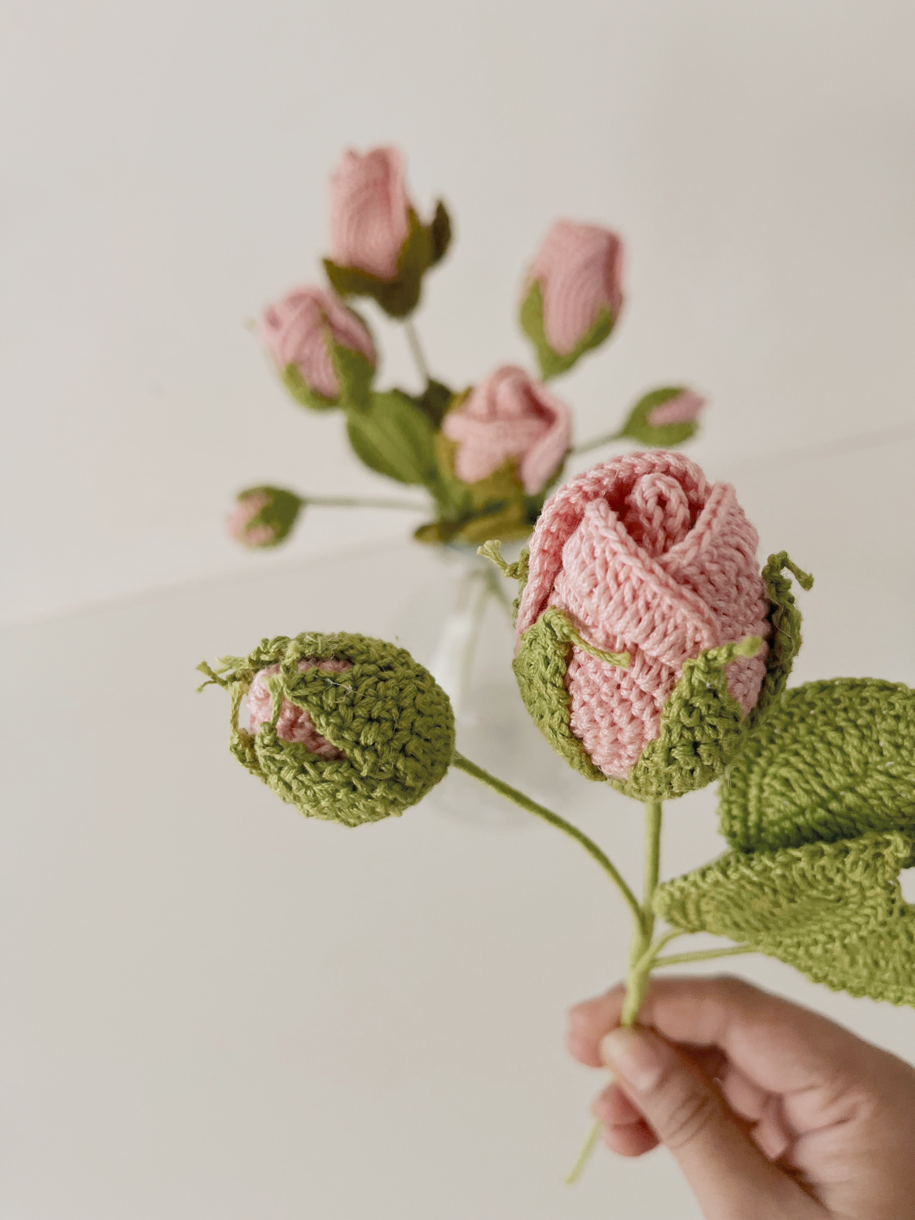 Crochet Flower - Pink rose with Bud - Blush / 12"height / Single