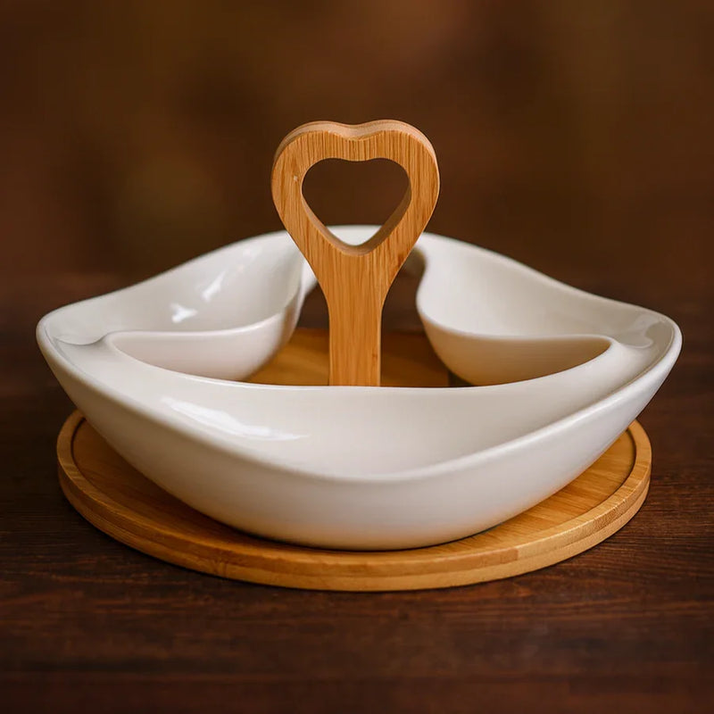 Heart Handle Ceramic Serving Bowl Set with Wooden Stand – 3-Compartment White Snack & Dry Fruit Server