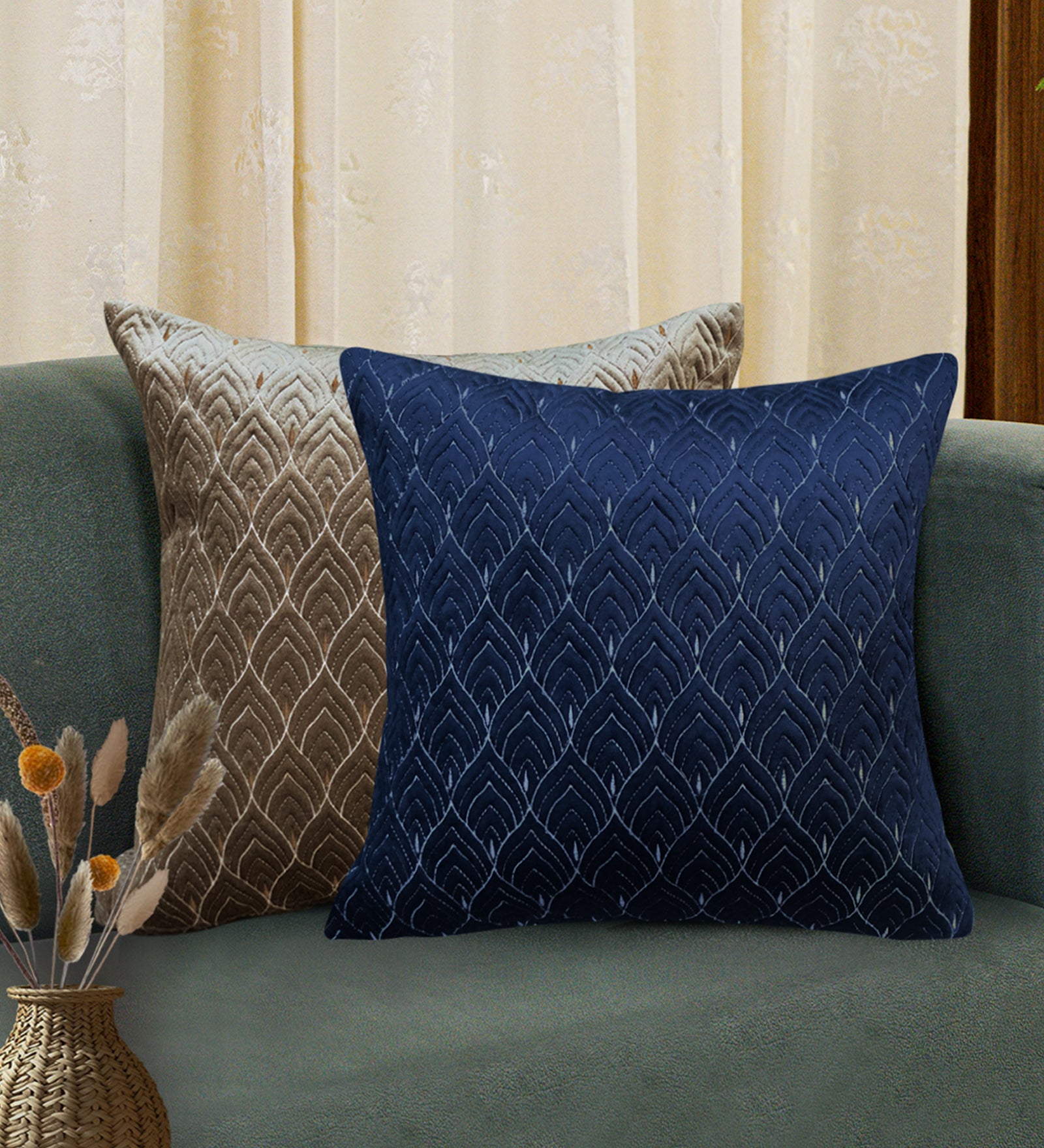 Mayur Jaal Embroidered Quilted Cushion Covers - Beige, 18 x 18