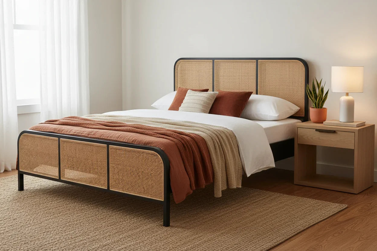 Nyrella Solid Teak Wood And Cane King Size Bed