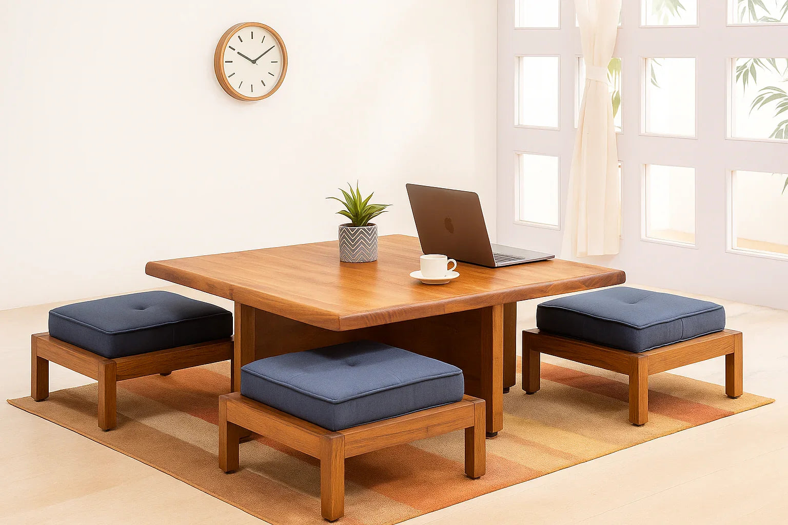 Pixel 4-Seater Coffee Table for Living Room | Mango Wood Center Table with 4 Seater Stool