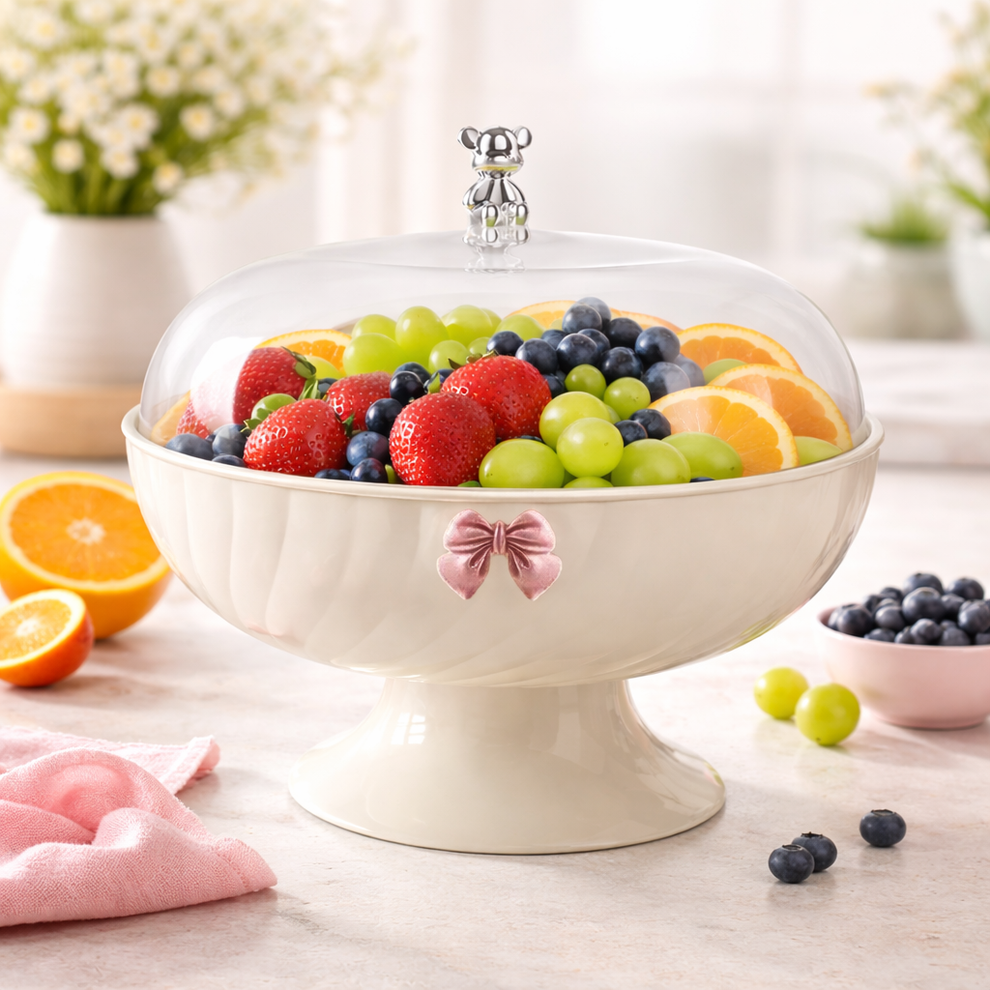 Fruit Storage Bowl with Lid & Drain Tray- 10 Inch | Multi-Functional Fruit Basket with Built-in Drainer | Dustproof Cover | Serving Tray for Fruits, Vegetables & Snacks | Kitchen & Dining Use