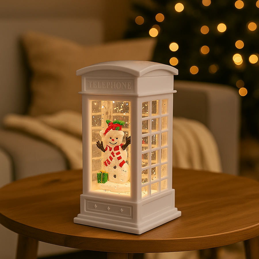 Red Santa Telephone Booth Christmas Night Lamp – Glitter Light Decoration with LED Glow & Pre-Installed Battery