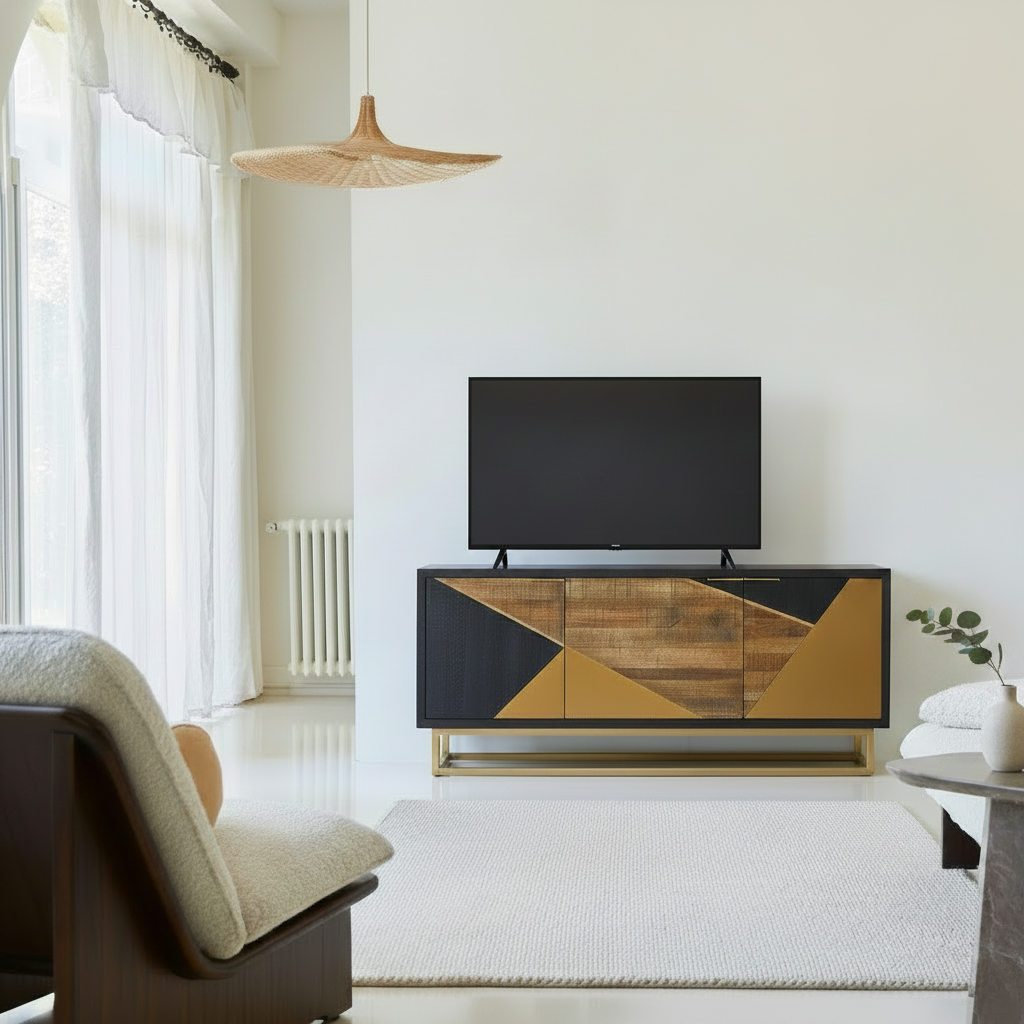 Poulain Solid Mango Wood TV Unit | Multipurpose Wooden Sideboard with 3 Door In Walnut Finish