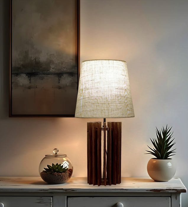 Ventus Brown Wooden Table Lamp with Yellow Printed Fabric Lampshade