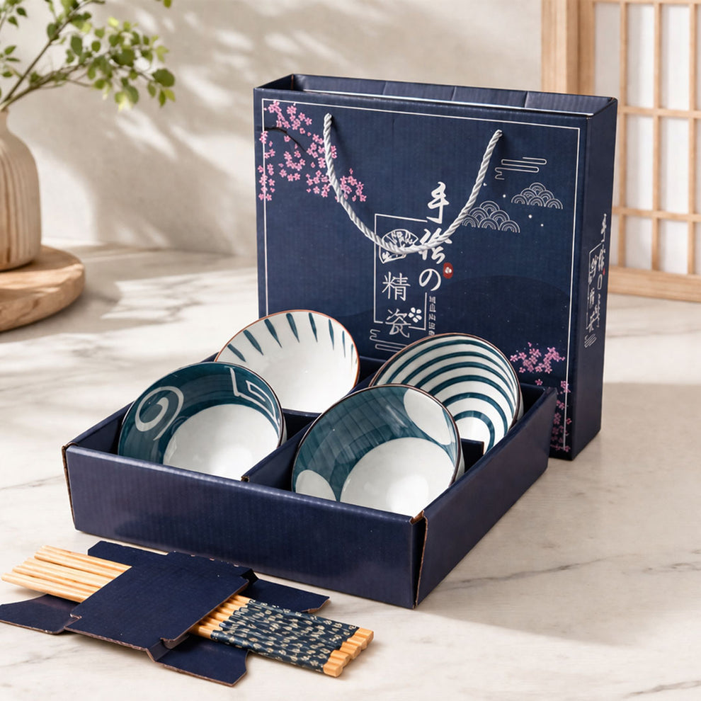 250ml Ceramic Bowl Set of 4 with 8 Chopsticks | 11.3 cm Snack & Rice Bowls | Microwave & Dishwasher Safe | BPA & Lead-Free | Ideal for Dal, Fruits, Salad & Serving