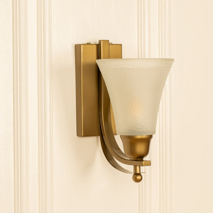 Brass Antique Finish J Wall Lamp with Frosted Hammered Glass Shade