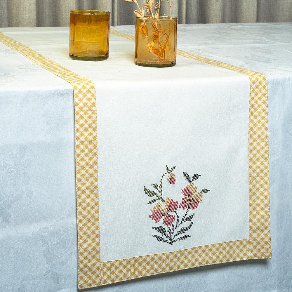 Sunshine Bloom Dining Table Runner | Cross-Stitch Embroidered Cotton Runner with Printed Border