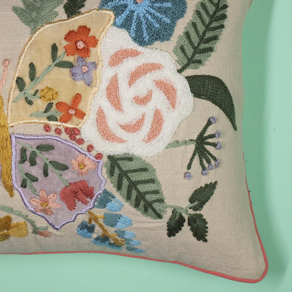 Hand Embroidered Cotton Cushion Cover | Floral Appliqué Pillow Cover | Decorative Sofa Cushion Cover