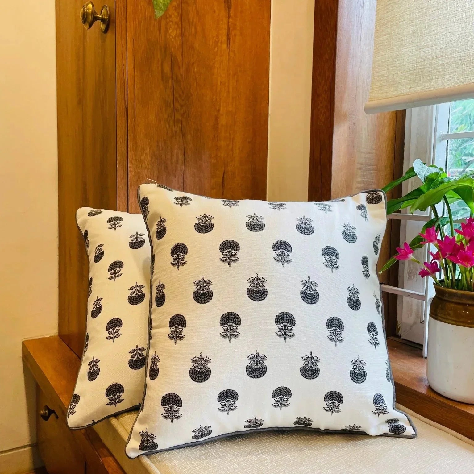 Turquoise Handblock Printed Cotton Cushion Covers - Set of 2