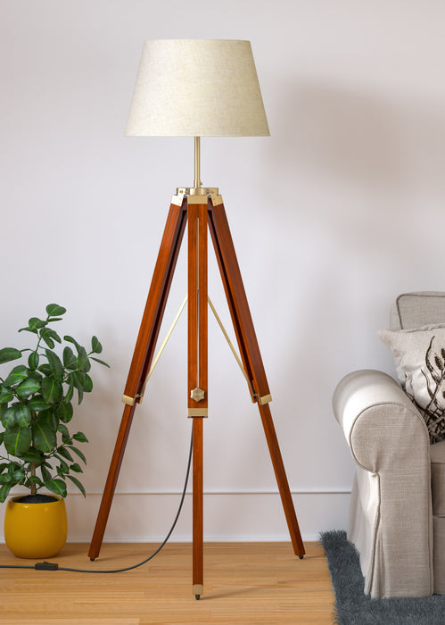 Wooden Tripod Floor Lamp 3 Legs Standing Brown Polished Brass Antique Finish Adjustable 5ft Height with 16 inches Off White Lampshade