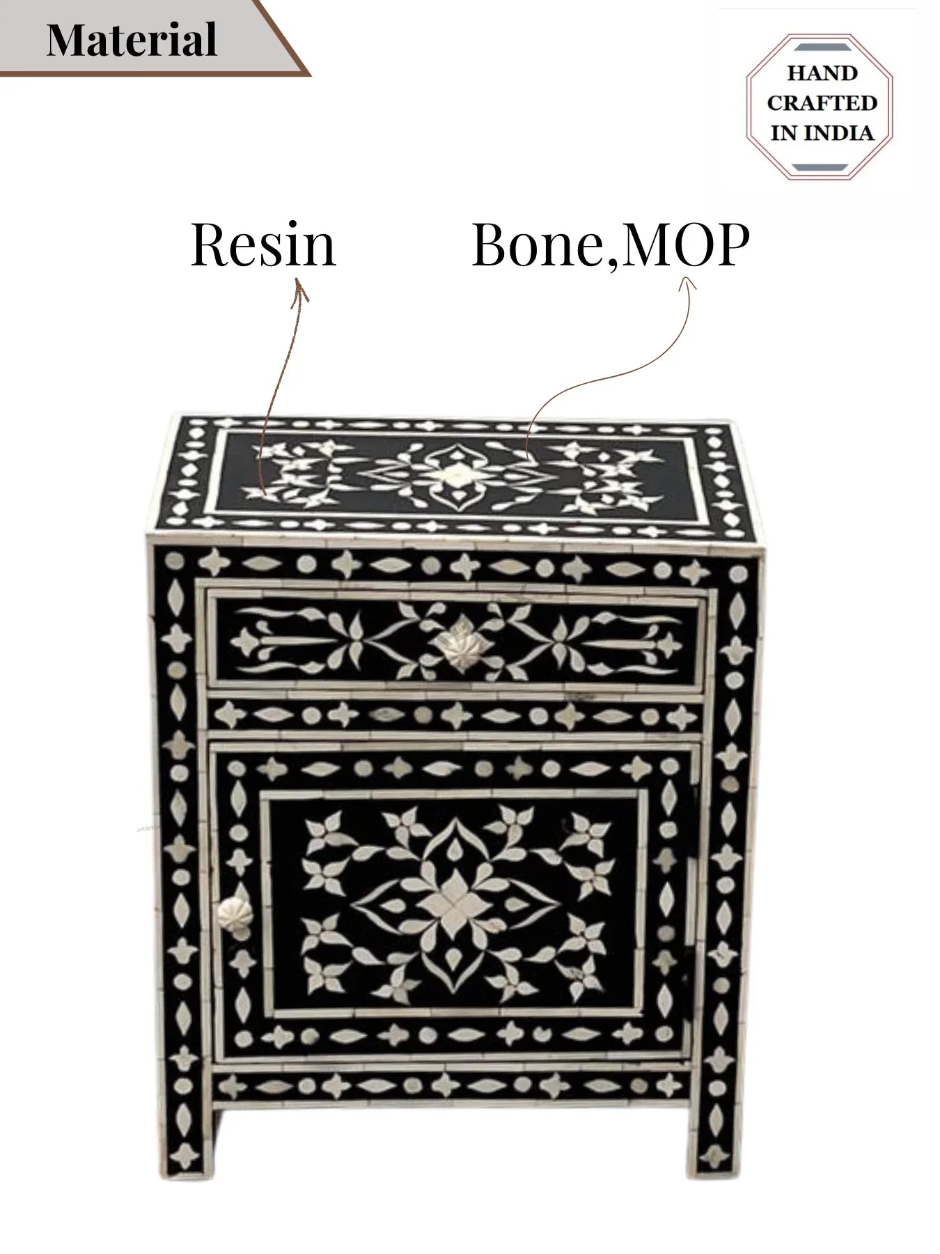 Floral Bone Inlay Bedside Table – Black Elegance