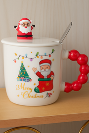 Christmas Ceramic Mug with Lid & Spoon | 350 ML Santa Mug with Red Handle | Merry Christmas Gift Cup for Coffee