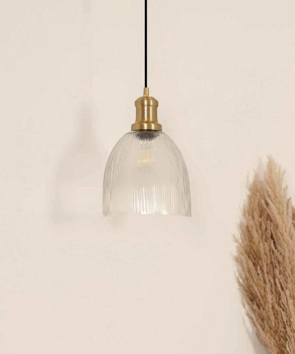 Grooved Transparent Glass Hanging Pendant Light with Antique Brass Finish for Living Room, Bedroom, Kitchen, Dining