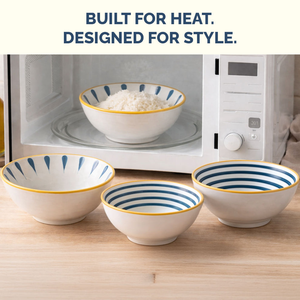 250ml Ceramic Bowl Set of 4 with 8 Chopsticks | 11.3 cm Snack & Rice Bowls | Microwave & Dishwasher Safe | BPA & Lead-Free | Ideal for Dal, Fruits, Salad & Serving