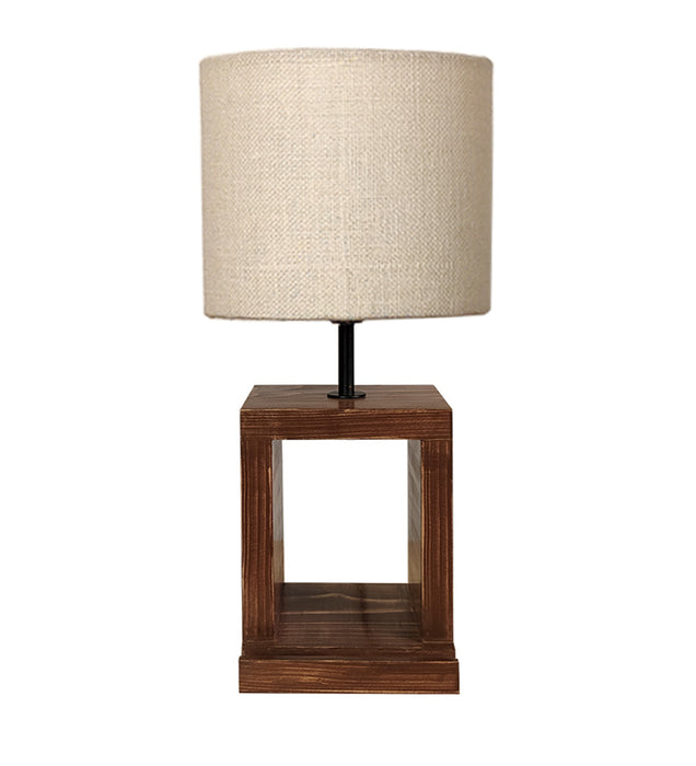 Moby Brown Wooden Table Lamp with Yellow Printed Fabric Lampshade