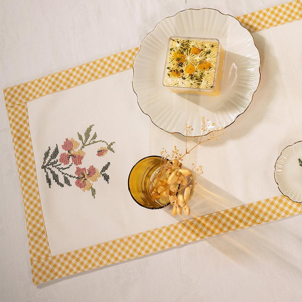 Sunshine Bloom Dining Table Runner | Cross-Stitch Embroidered Cotton Runner with Printed Border