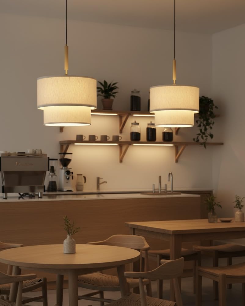 Double Beige Cotton Fabric Pendant Hanging Light Antique Brass Finish for Home Decoration, Restaurants, Cafes