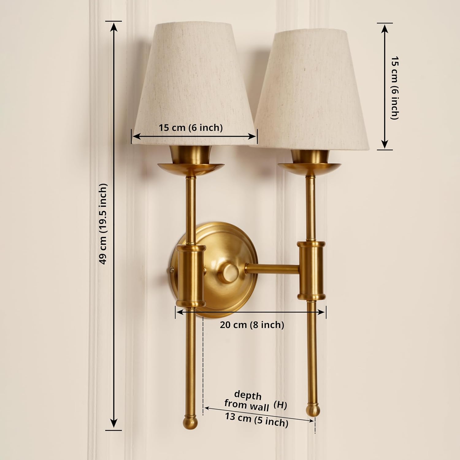 Double Spacer Wall Light Antique Brass Finish with Off White Shade for Living Room, Bedroom and Home Decoration