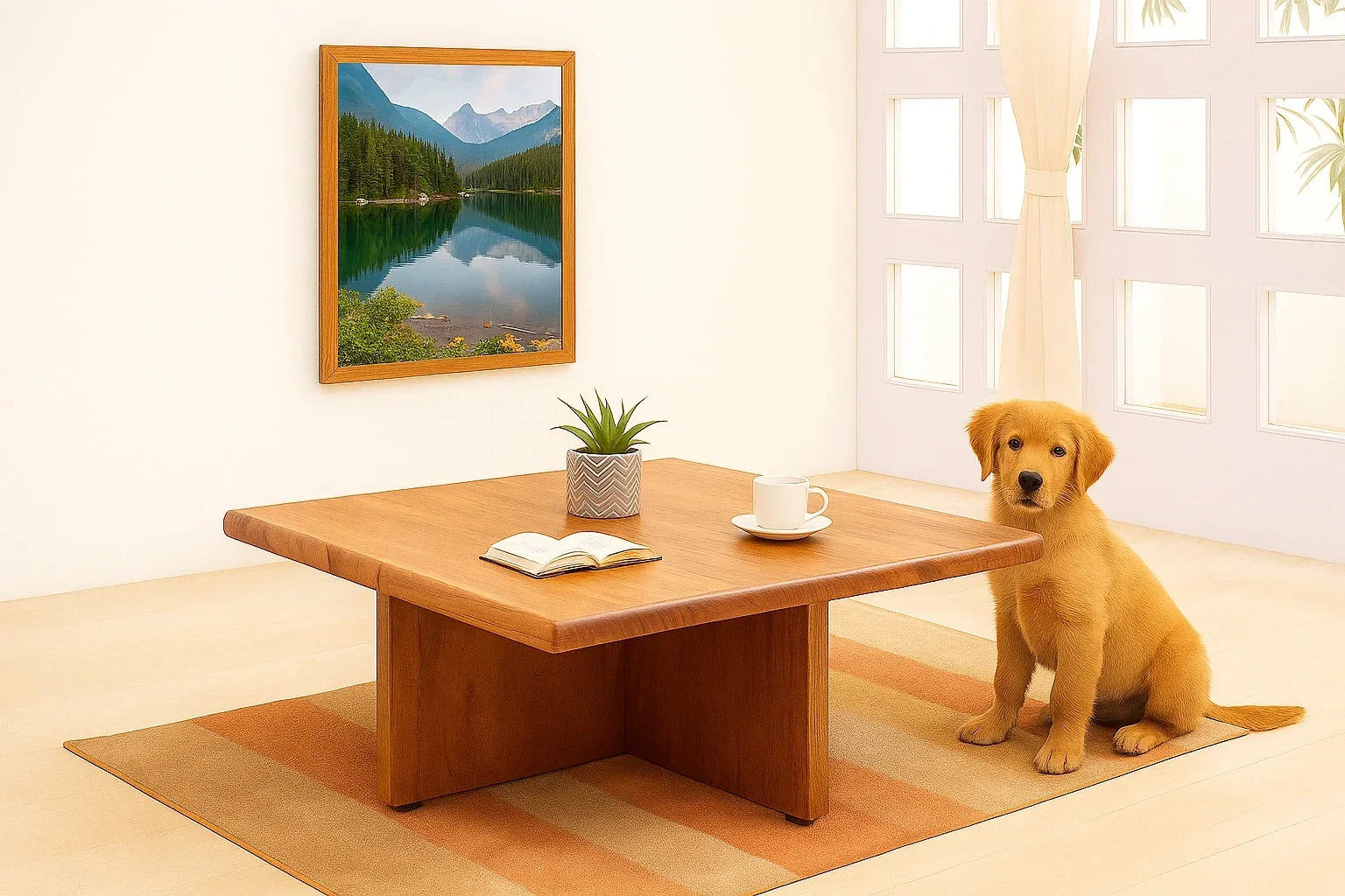 Pixel 4-Seater Coffee Table for Living Room | Mango Wood Center Table with 4 Seater Stool