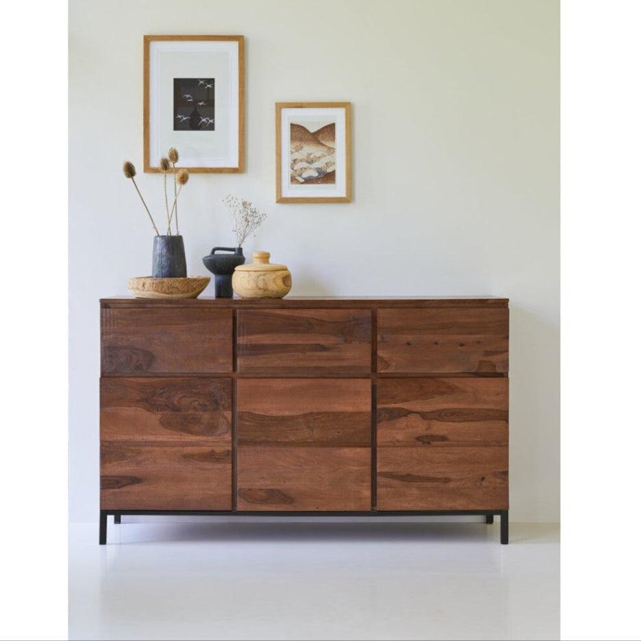 Quasar Large Sideboard With Metal Legs Strip Design Honey Finish Size - Large