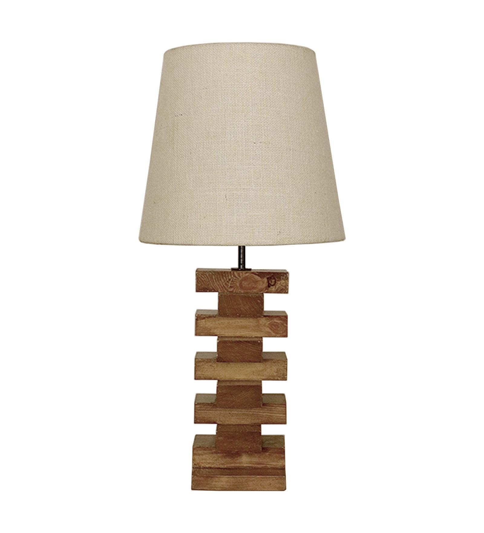 Libra Brown Wooden Table Lamp with White Fabric Lampshade