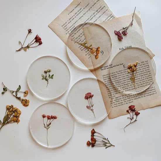 Handmade Resin Flower Beverage Coasters Set of 2 | Minimal Floral Table Coasters