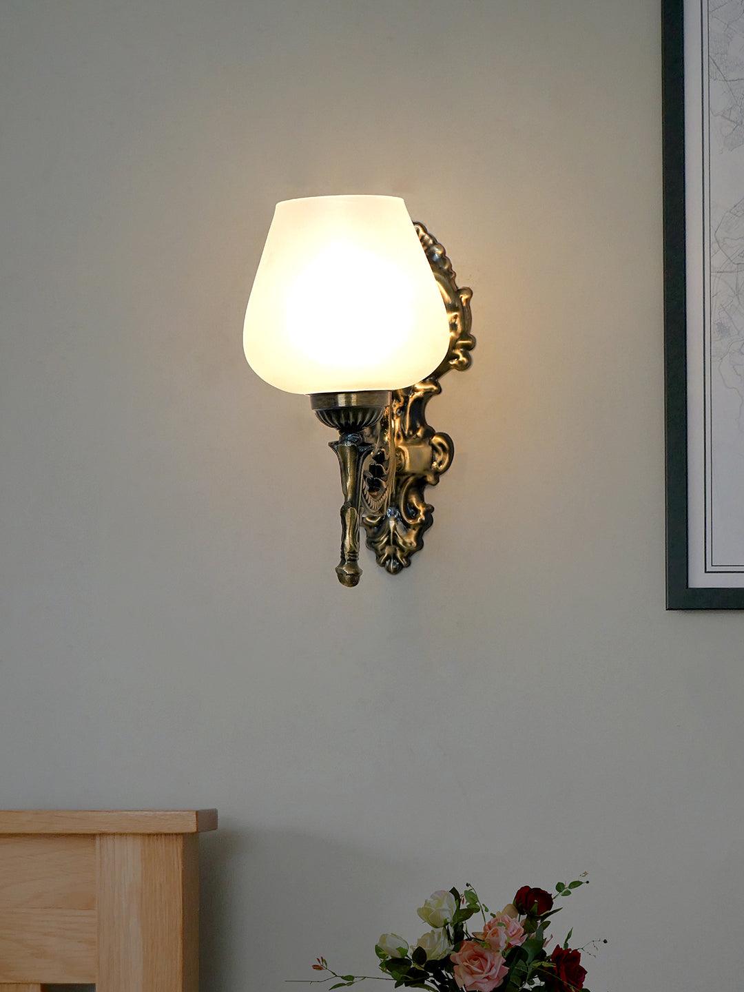 Antique Brass Finish 11 Inch Single Light Steel Wall Lamp With Plain Frosted Goblet Glass Shade