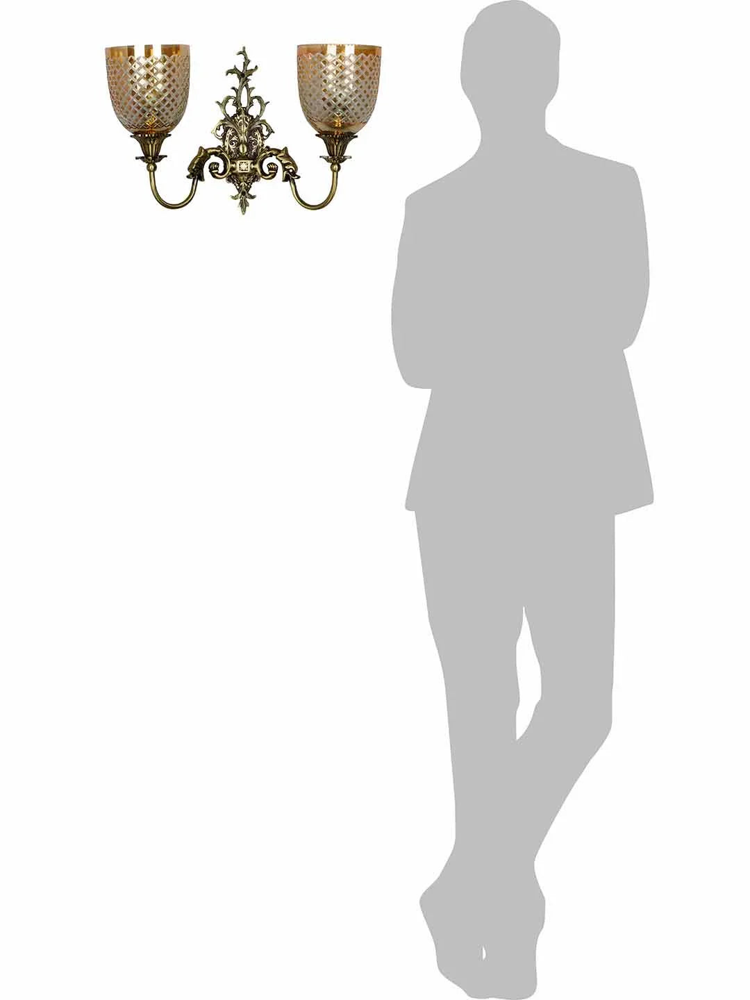 Mythical Majesty: Antique Brass Fish Double Sconce with Luster Glass