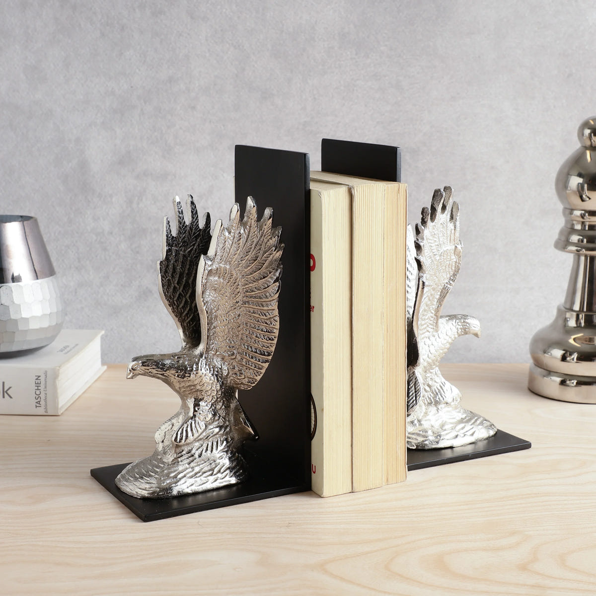 Helion Pair Bookends | Silver Decorative Book Stopper for Bookshelf & Home Décor
